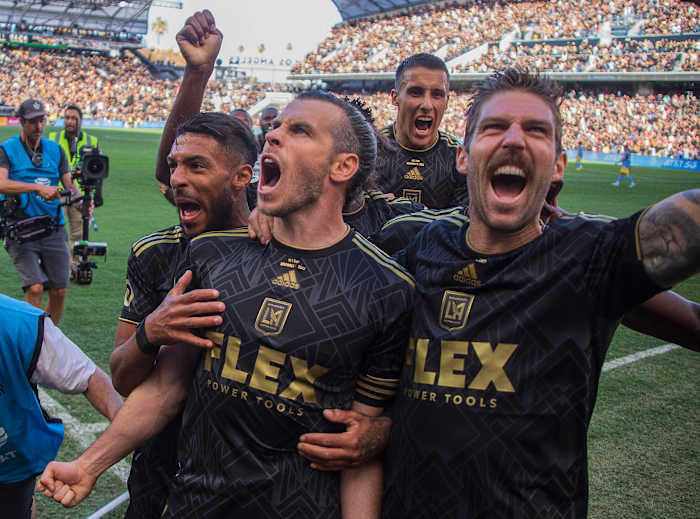 Gareth Bale pictured (center) after scoring for LAFC in the 2022 MLS Cup final